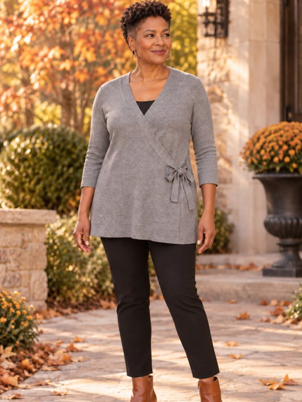 Lands’ End Gray Cotton Modal Faux Wrap Tie Waist Sweater M 10–12